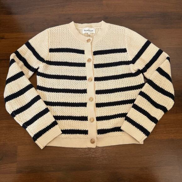 Heartloom Sweaters - Heartloom Knit Cardigan Beige Navy Stripes Gold Button Nautical Coastal Preppy S